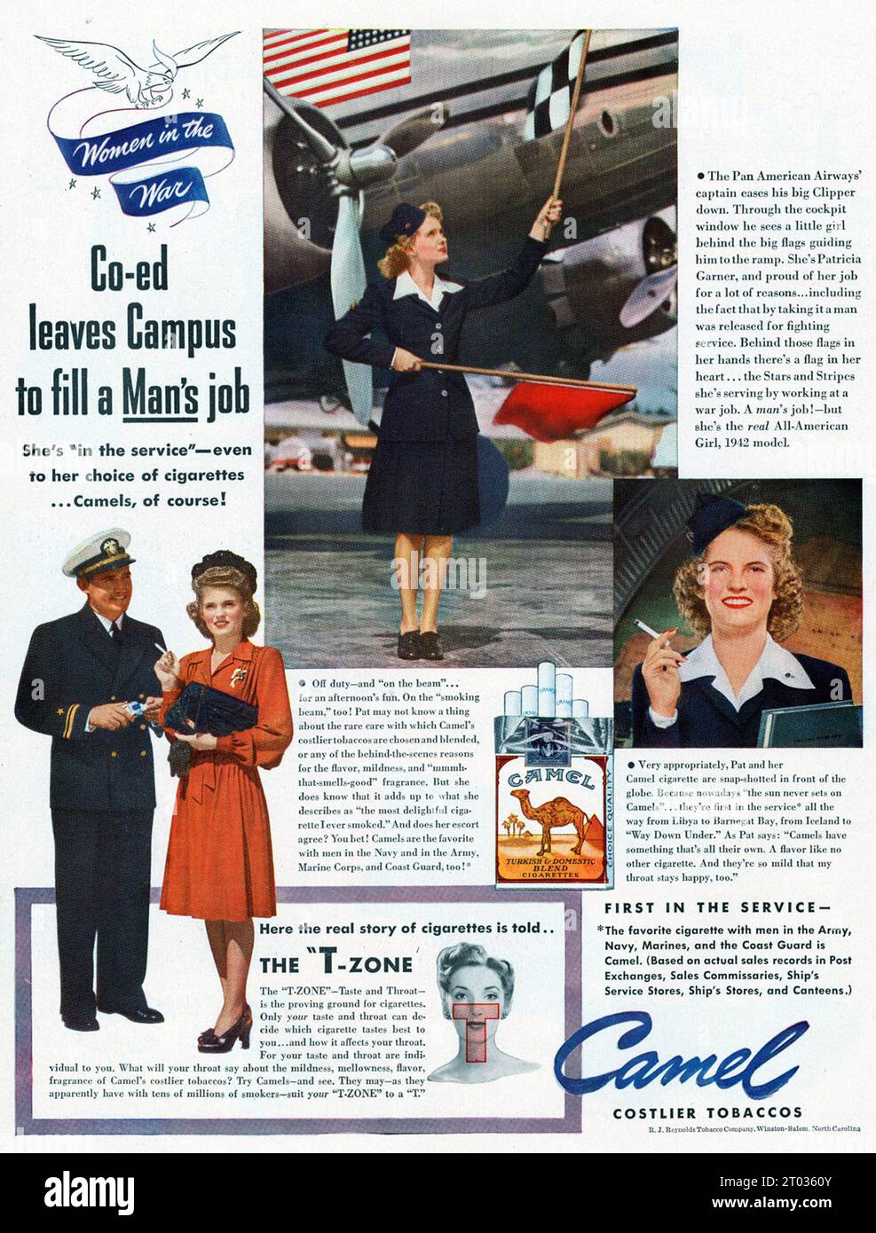 Zigarettenwerbung für Frauen im Krieg, die eine Frau zeigt, die zivile Flugzeuge signalisiert. Stockfoto
