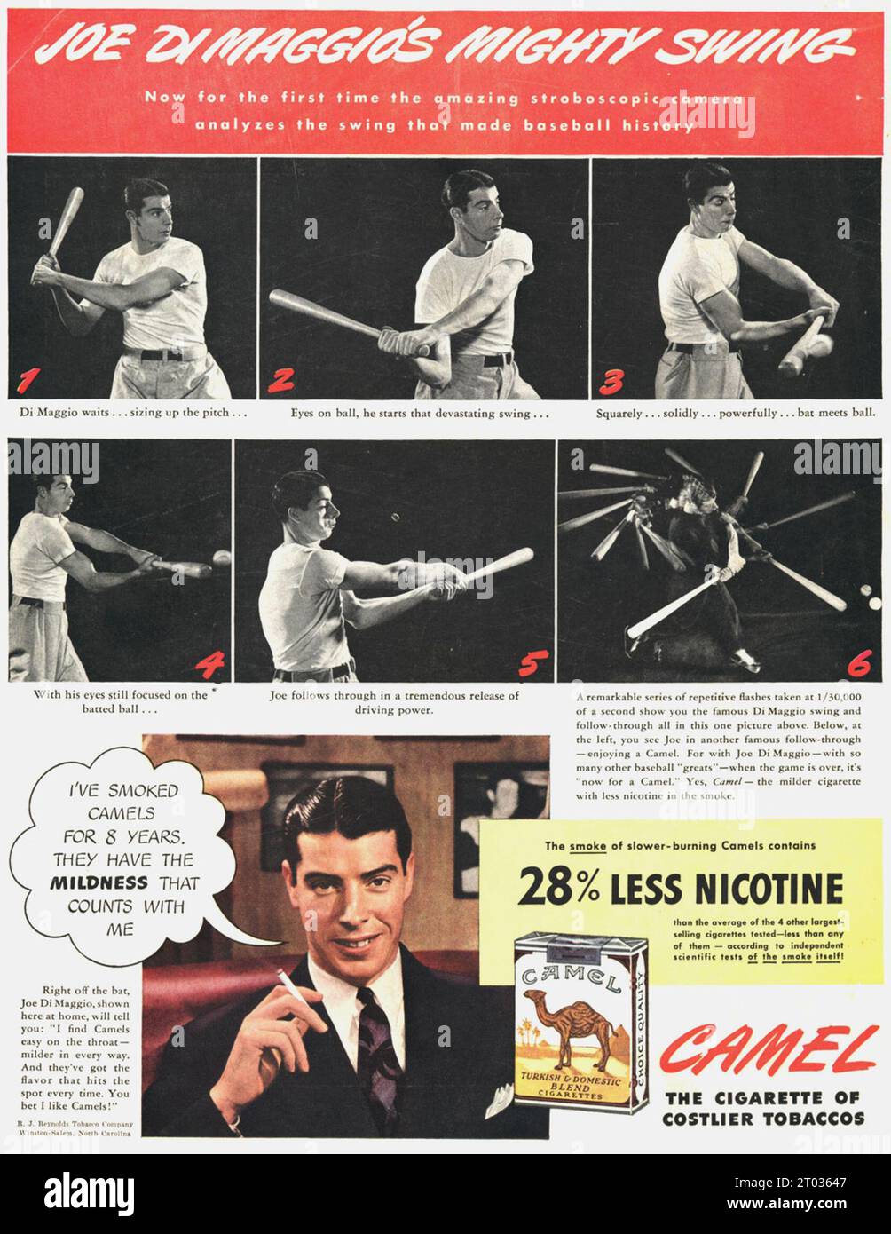 Werbung mit dem Baseballspieler Joe DiMaggio in 1941 Camel-Zigaretten Stockfoto
