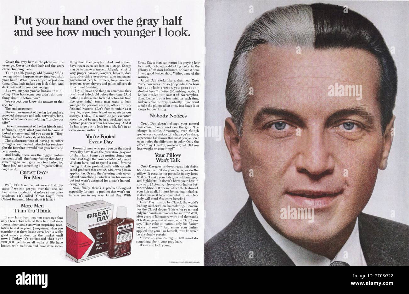 Great Day graues Haarmittel für Männer von Clairol Advert 1966 Stockfoto
