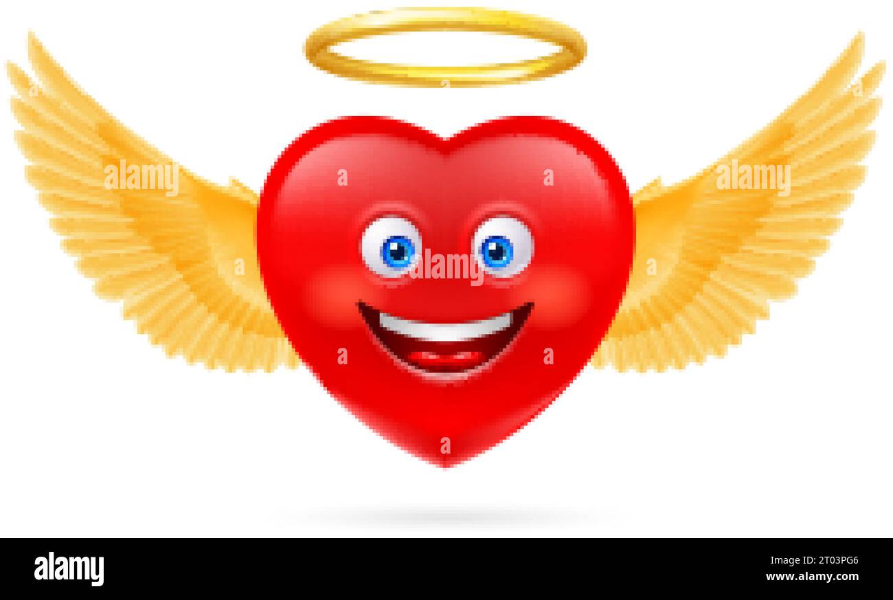 Rotes Herz mit goldenem Nimbus und Angel Wings. Niedliche Illustration Im Cartoon-Stil. Romantische Liebe Liebeskummer Symbol. Valentinskarte Stock Vektor