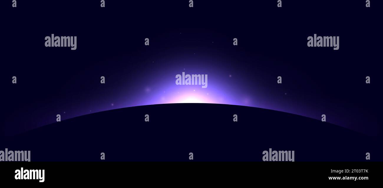 Planetenfinsternis-Konzept. Violettes Sonnenlicht-Blendungseffekt. Abstrakter strahlender Sonnenaufgang im dunklen Raum. Halo-Illustration des Erdhorizonts. Vektordesign für Poster, Banner, Cover, Broschüre, Broschüre Stock Vektor