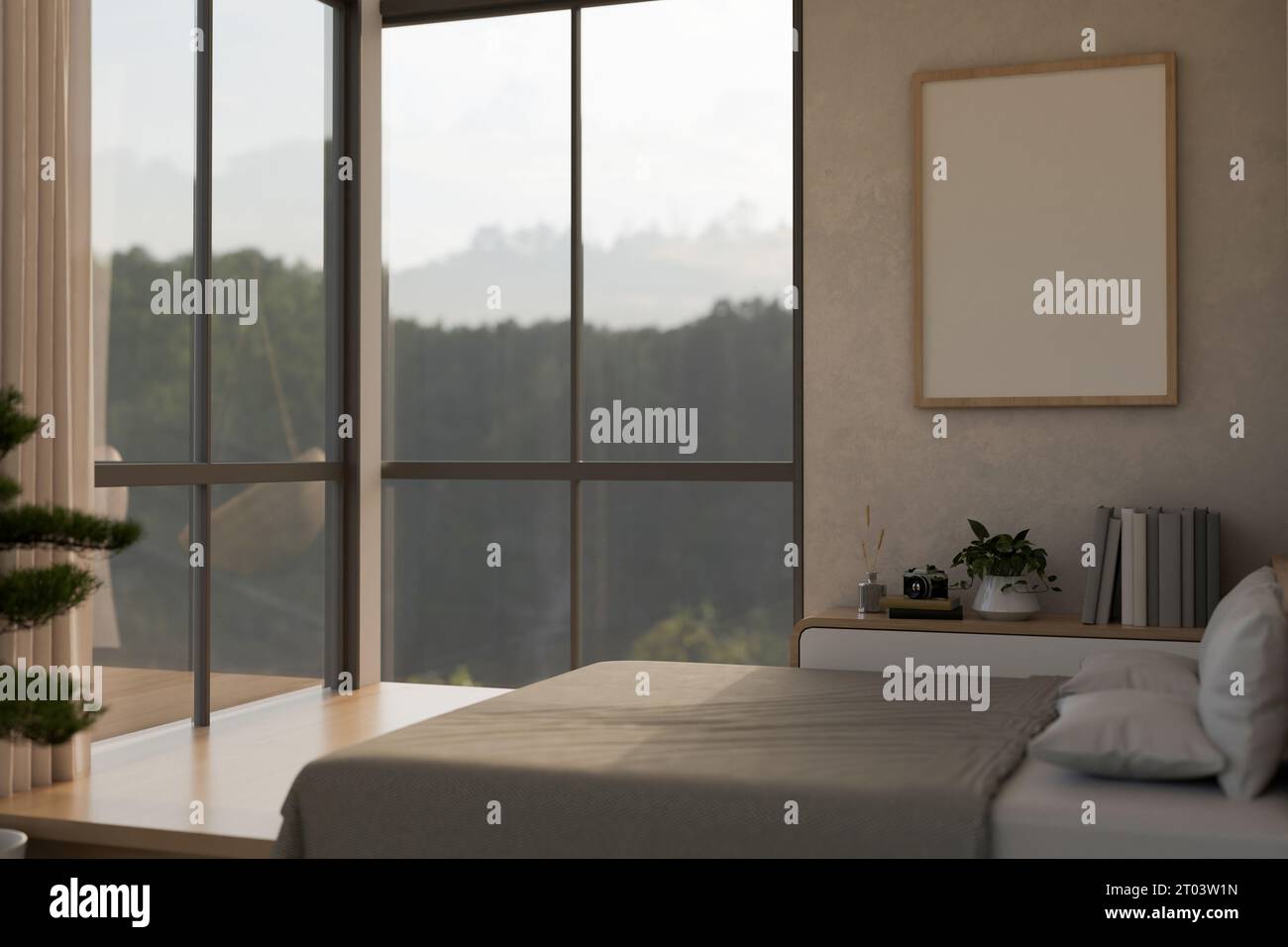 Ein modernes und komfortables Innendesign des Schlafzimmers mit einem bequemen Bett, einer Nachttischschublade, einem leerem Rahmenmodell an einer Wand und einem großen Fenster mit einem wunderschönen Stockfoto