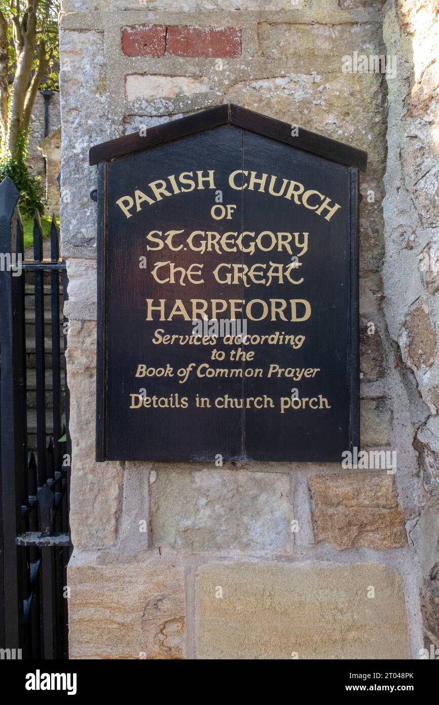 Kirche, die nur dem BCP Book of Common Prayer Services gewidmet ist, St. Gregory der große, Harpford, Devon. Stockfoto