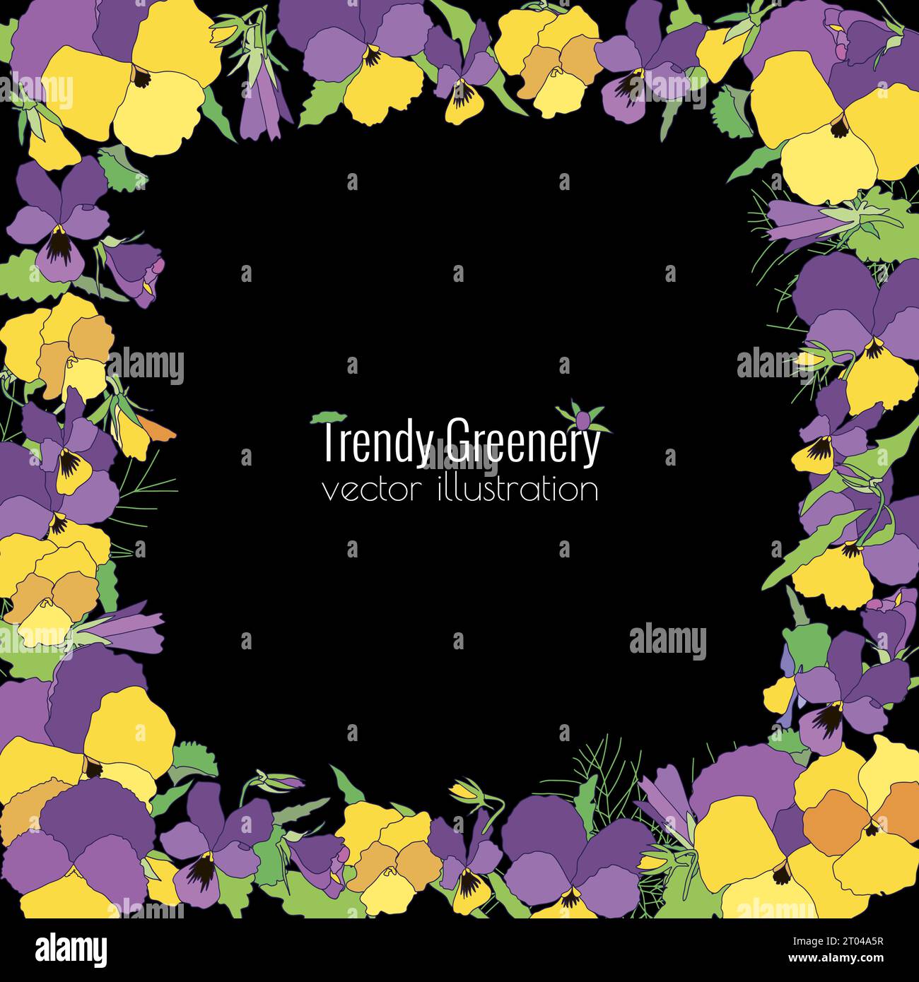 Vektorrahmen aus Frühlingsblumen, Pansien, Blumenkranz aus süßen bunten Veilchen Stock Vektor