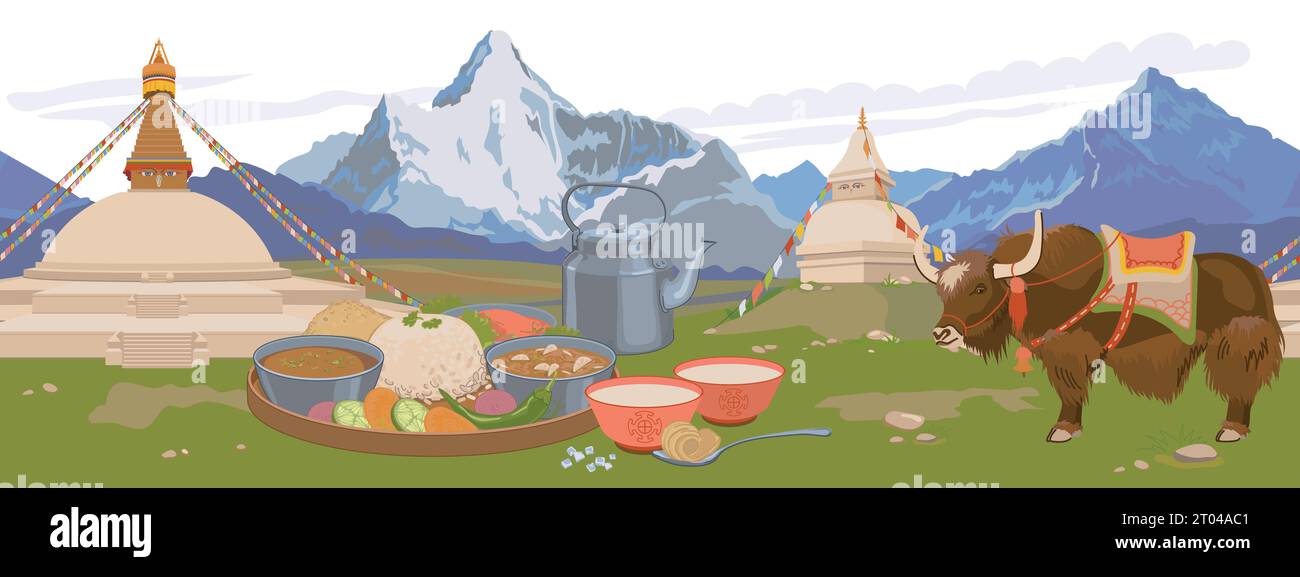 Attribute der nepalesischen Kultur. Vektor, flach. Berge, buddhistische Stupa, Tee mit Butter und Salz, Karangi, vegetarische Nepalesen Stock Vektor