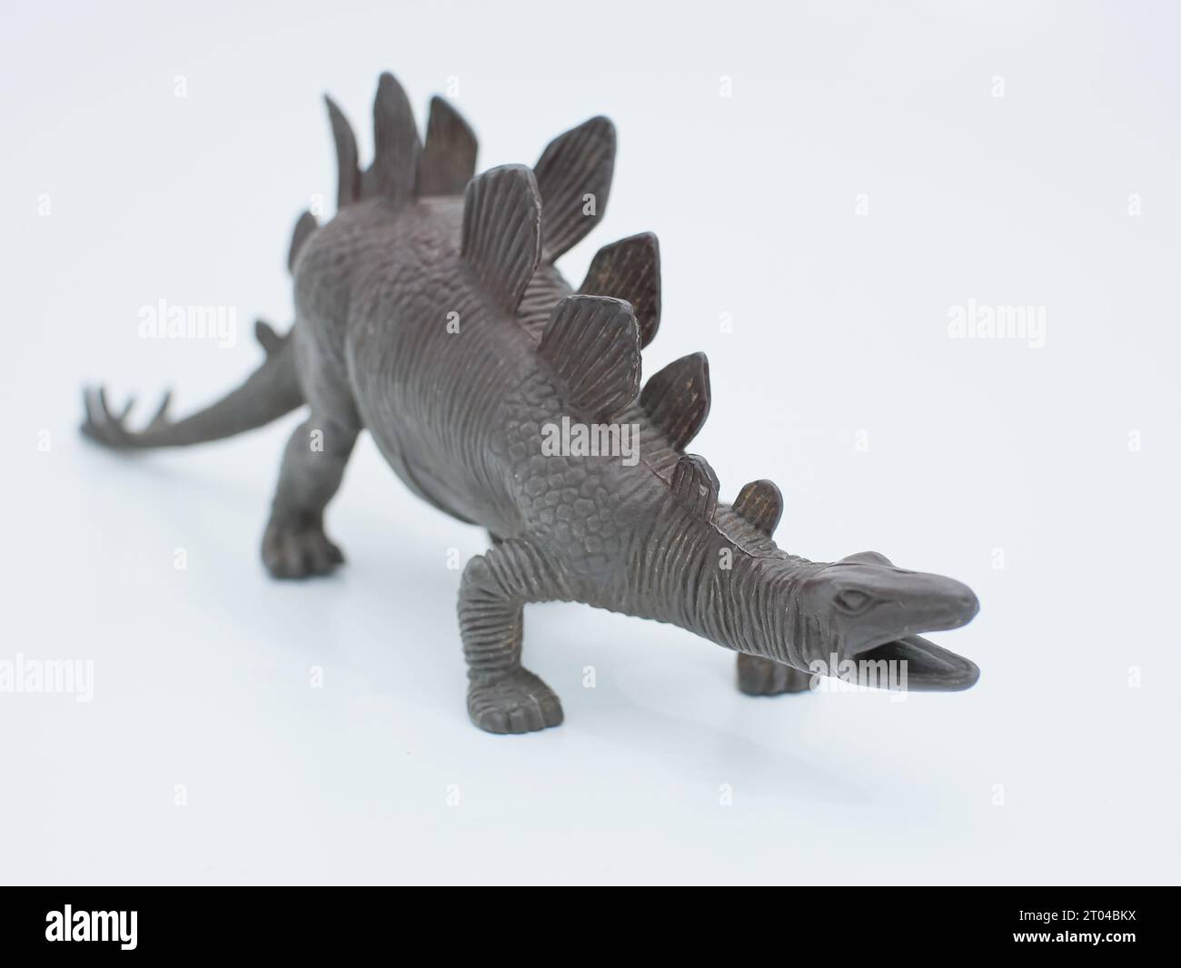 stegosaurus-Spielzeug, Gattung des gepanzerten Dinosauriers isoliert auf weißem Hintergrund. Vorderansicht Stockfoto