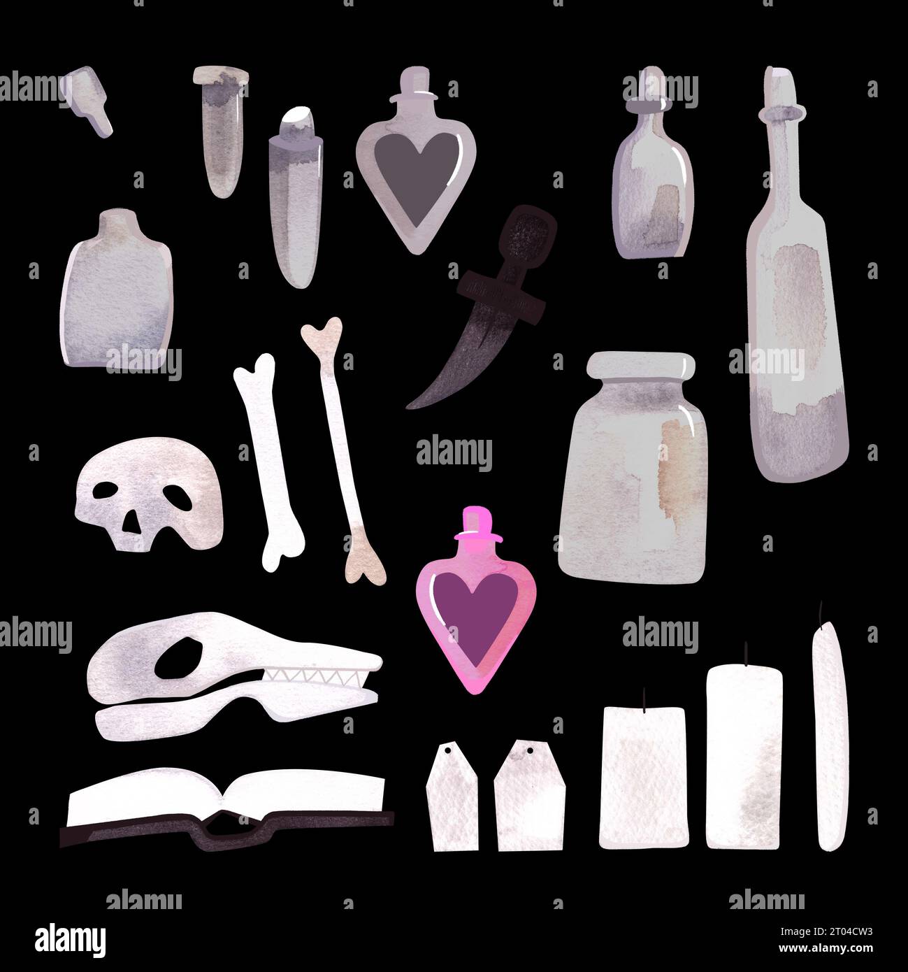 Eine Reihe von Gegenständen für Hexenrituale: Schädel, Knochen, Kolben und Tränke, ein Buch, ein Dolch, ein Liebestrank, Kerzen, Papieretiketten. Halloween-Dekor. Wat Stockfoto