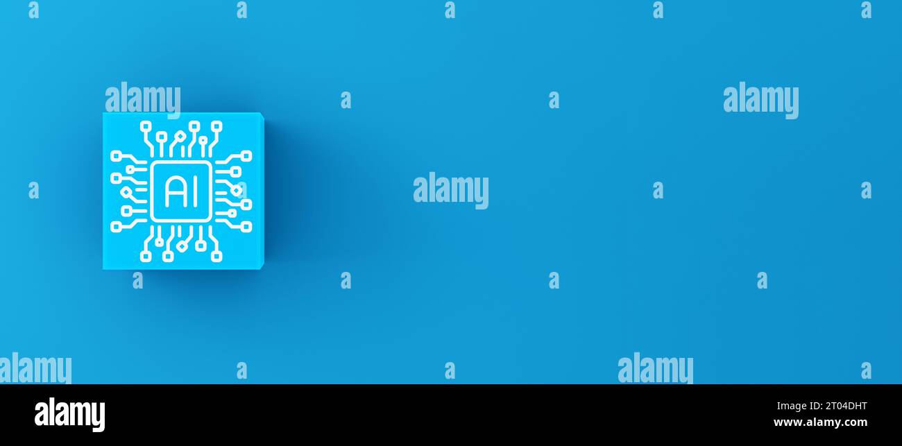 KI und futuristisches Technologiekonzept. Symbol für künstliche Intelligenz auf blauem Würfel. Stockfoto