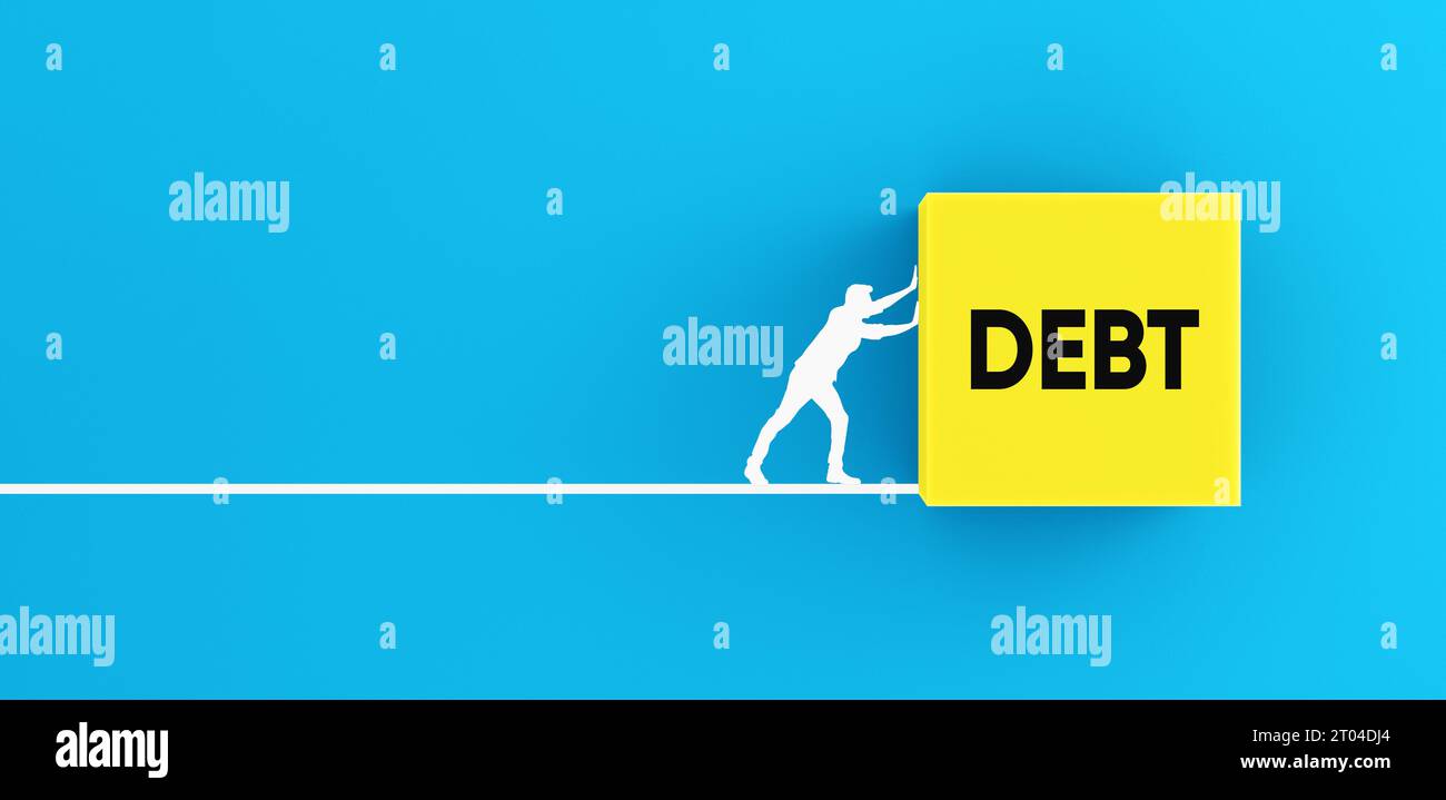 Schuldenlast. Schuldenlast. Silhouette eines Mannes, der den Würfel mit dem Wort Schulden drückt. Stockfoto