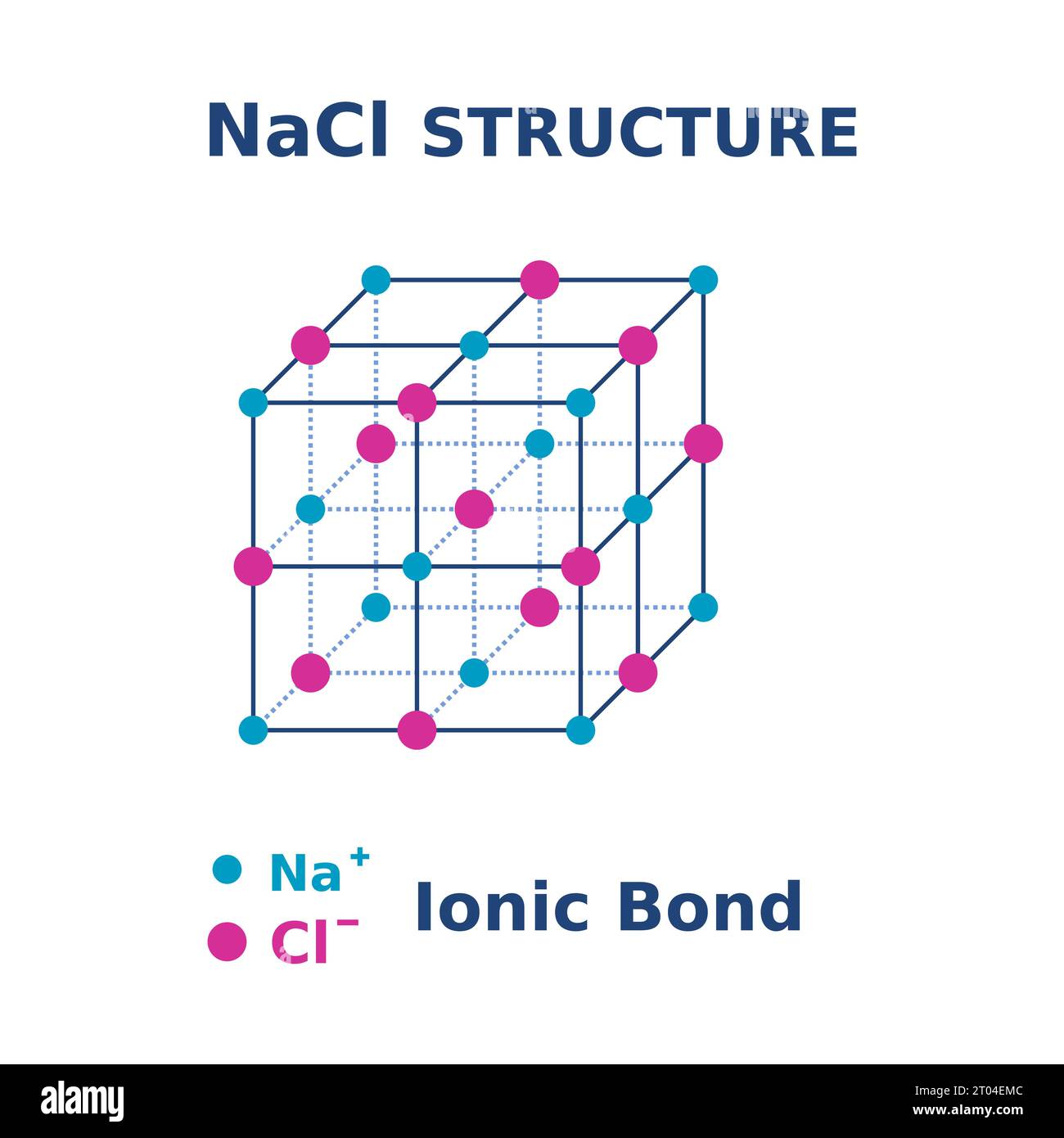 NaCl-Struktur. Natriumchloridmolekül. Salzkristalle. Ionenbindung in 3D-Form. Chemieausbildung. Gitter und Einheitszellen von Salz. Vektor Stock Vektor