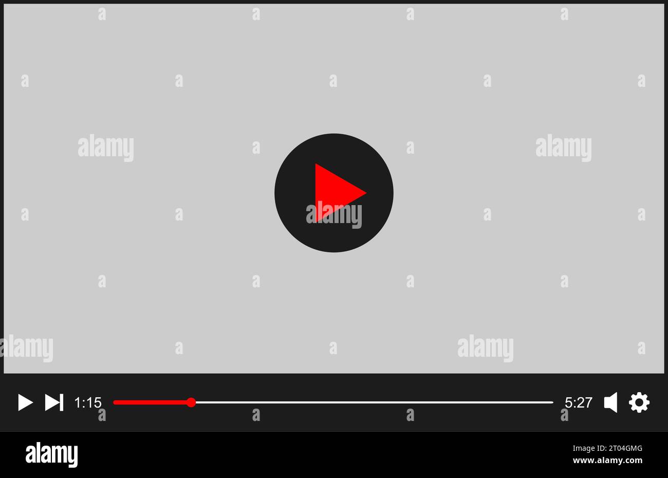Video-Player-Vorlage. Digitaler Online-Film-Bildschirm mit Wiedergabetaste und Schieberegler zum Laden. Multimedia-App-Fenster einfaches Design. Illustration der Vektorabwicklung. Stock Vektor
