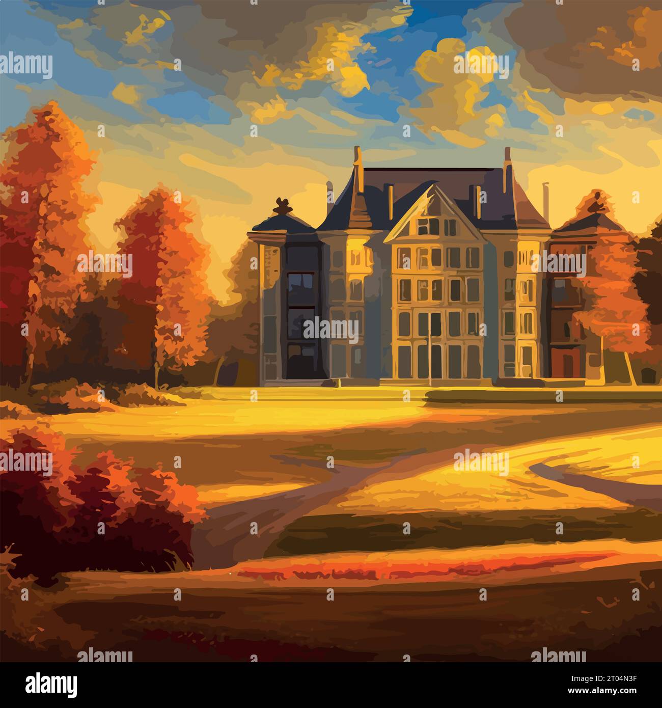 Schloss an einem schönen Herbsttag, Konzeptkunstlandschaft, Vektorillustration Stock Vektor