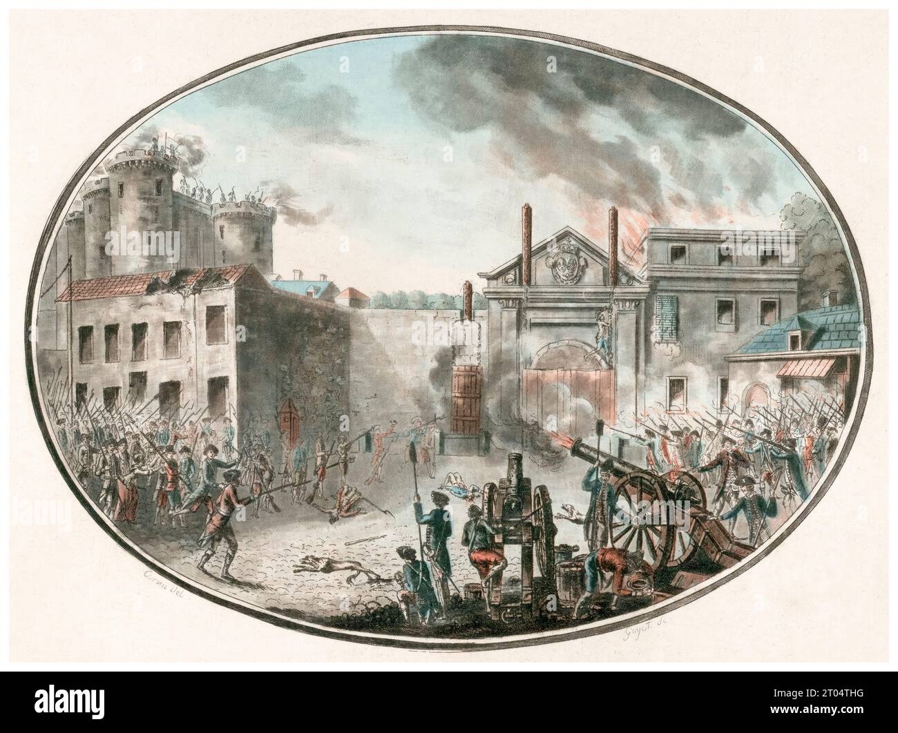 Sturm auf die Bastille, 1. Angriff auf die Bastille (in 3 Stunden gestürmt) am 14. Juli 1789, handkolorierter Kupferstich von Laurent Guyot nach Jean Alexis Cornu, 1789 Stockfoto