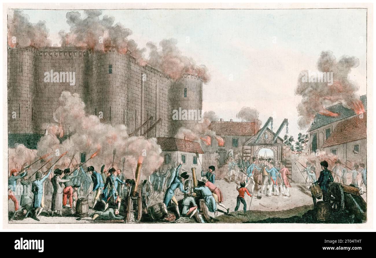 Sturm auf die Bastille in Paris und Festnahme des Marquis de Launay, 14. Juli 1789, handkolorierter Stich von Balthasar Anton Dunker, 1789 Stockfoto