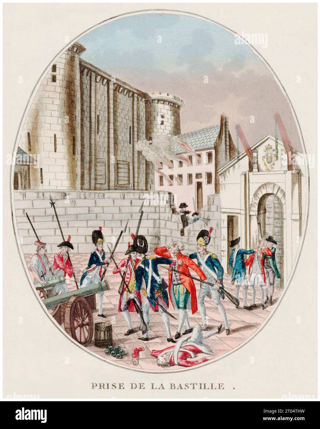 Sturm auf die Bastille, 14. Juli 1789. Die Verhaftung von Bernard René Jourdan, Marquis de Launay, handkolorierter Kupferstich von Martial Deny, 1789 Stockfoto