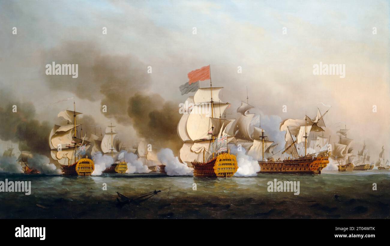 Vizeadmiral Sir George Anson's Victory at the First Battle of Cape Finisterre, Mai 1747, Gemälde in Öl auf Leinwand von Samuel Scott, 1749 Stockfoto