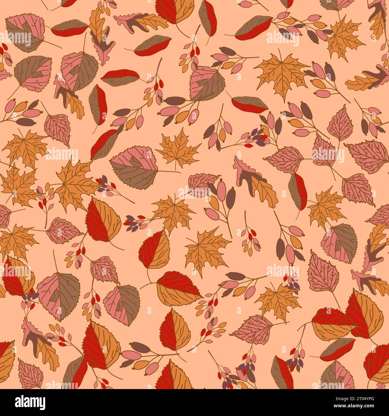 Vektor Hand gezeichnetes nahtloses Muster von Herbstblättern von Birke, Eiche, Ahorn, Esche Stock Vektor