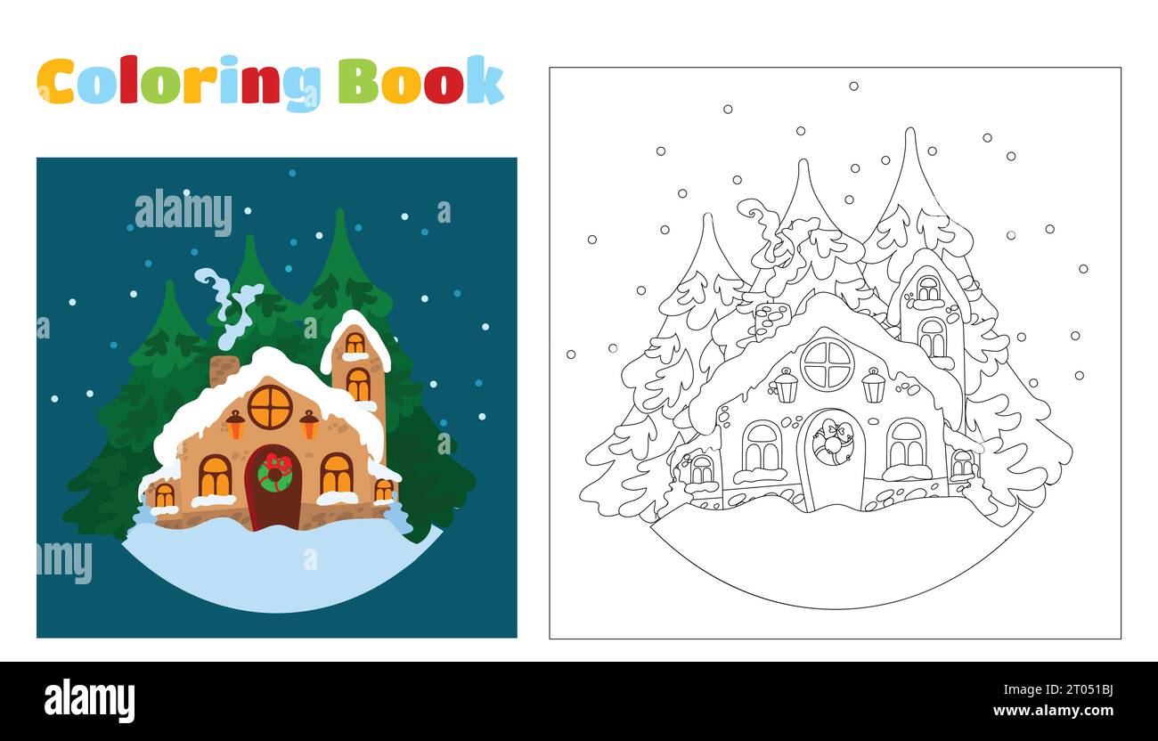 Weihnachtsmalbuch für Kinder und Erwachsene. Schneebedecktes Haus des Weihnachtsmanns. Weihnachtsszene im Cartoon Flat Style. Ein Gefühl von Urlaub und Co Stock Vektor