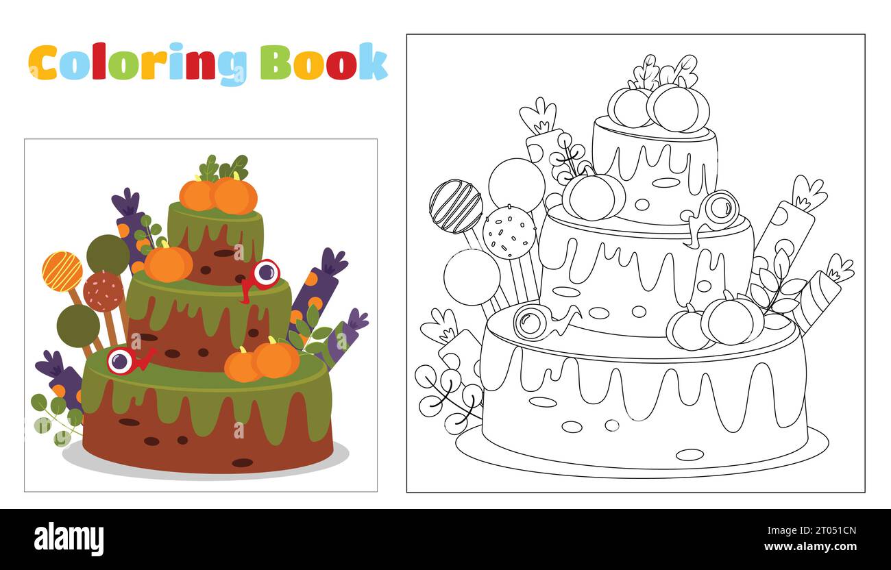 Malbuch für Kinder und Erwachsene. Halloween-Kuchen drei Ebenen im Cartoon-Stil. Vektor-Illustration für Design der Halloween-Party, Feiertage. Stock Vektor