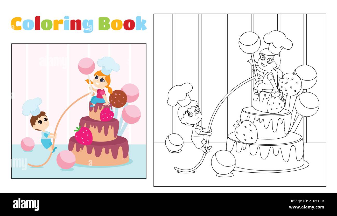Junge und Mädchen, die Kinder ausmalen, in Kochmützen neben dem Kuchen und Süßigkeiten. Ausmalseite für Kinder im Alter von 4-11 Jahren im Kindergarten und in der Grundschule. Stock Vektor