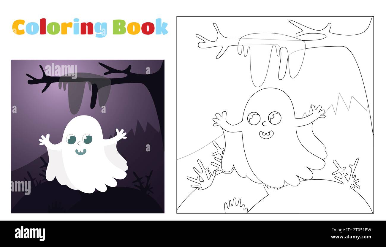 Halloween Malbuch für Kinder. Ein niedlicher Geist auf dem Hintergrund eines mystischen Waldes, Zweige und Spinnweben bei Nacht im Cartoon-Stil. Stock Vektor
