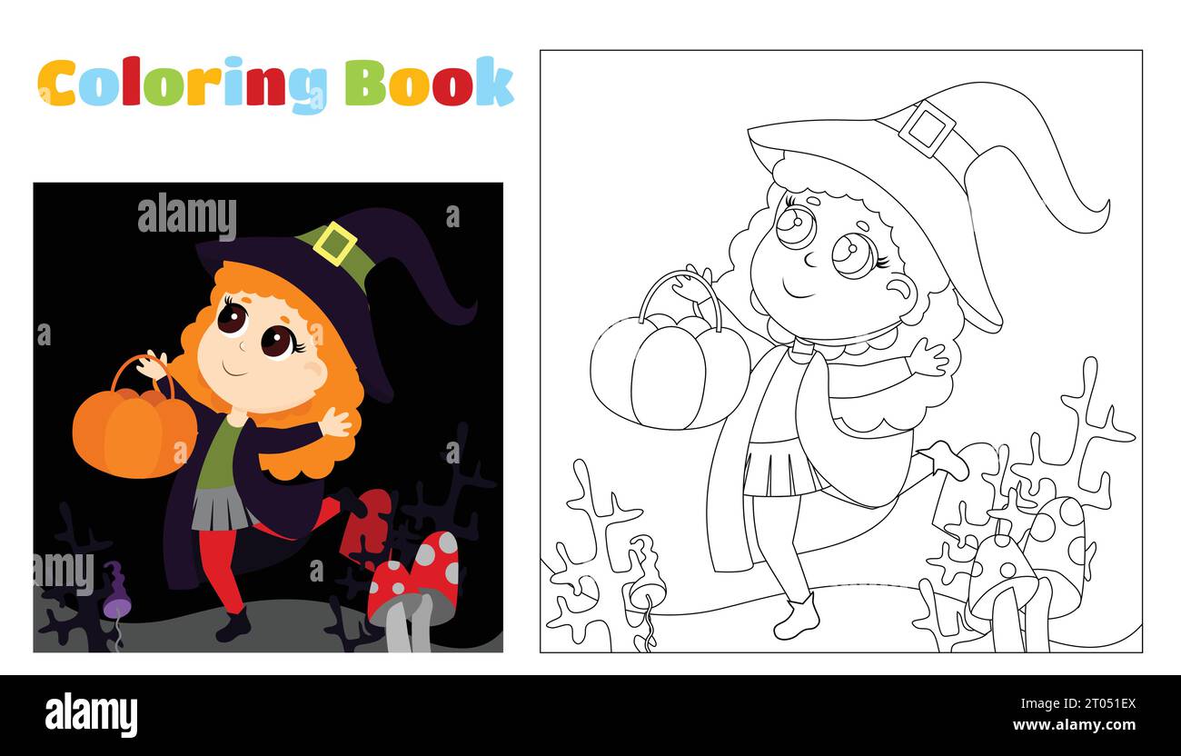 Färbung für Kinder. Eine kleine Hexe läuft durch den Wald, Äste und Pilze mit einem Korb in Form eines Schokoriegel. Halloween Ausmalseite Stock Vektor