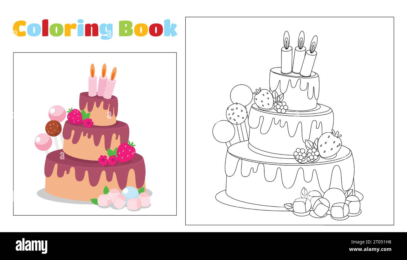 Dreistöckiger Kinderkuchen mit Kerzen und Schokoladencreme, Marshmallow, Süßigkeiten und Lutscher im Cartoon-Stil. Stock Vektor