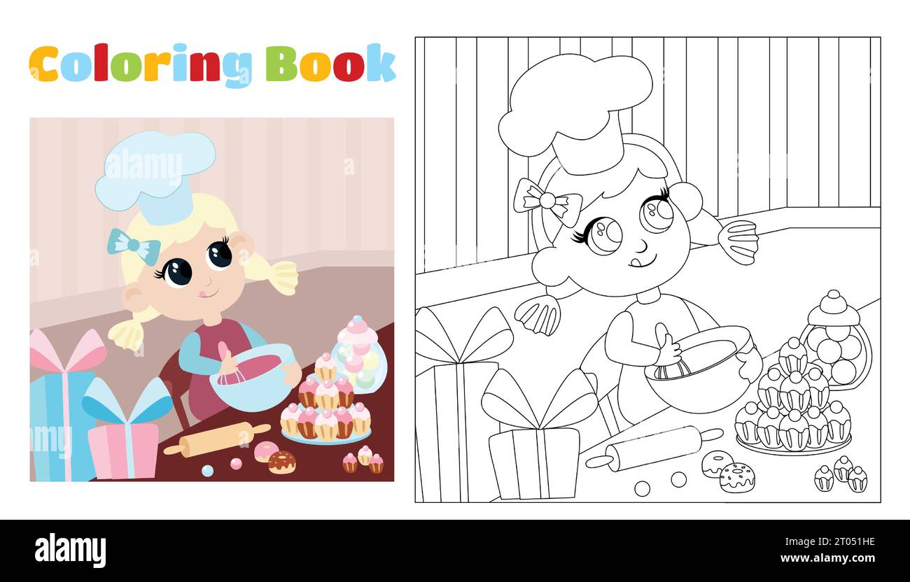 Ein Mädchen mit Kindermalerei in einem Kochmütze bereitet das Dessert zu. Ausmalseite für Kinder im Alter von 4-8 Jahren im Kindergarten und in der Grundschule. Stock Vektor