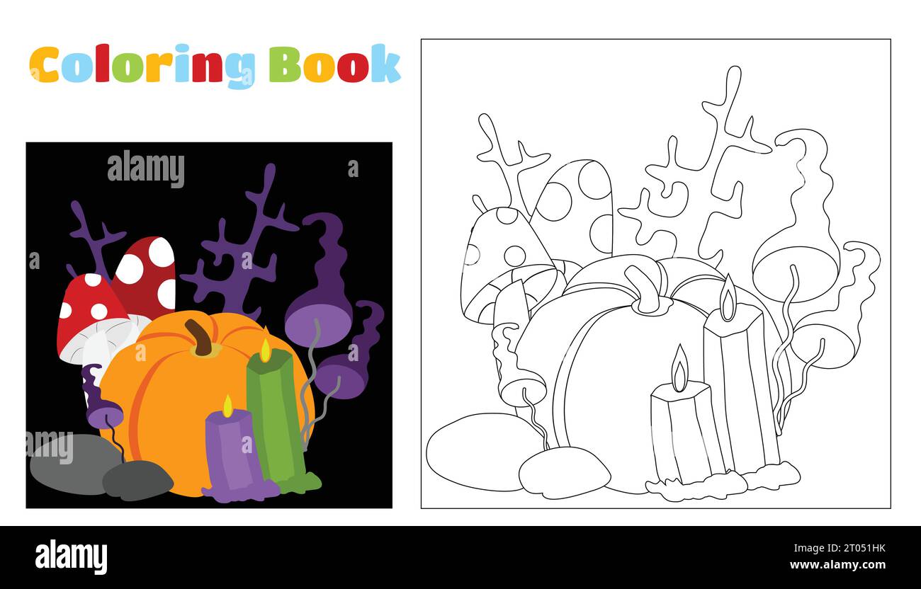 Färbung für Kinder und Erwachsene. Vektor Halloween Collage. Kürbis und Pilze, Fliegenpilz, Amanita und rituelle Kerzen und Zweige auf schwarzem Rücken Stock Vektor
