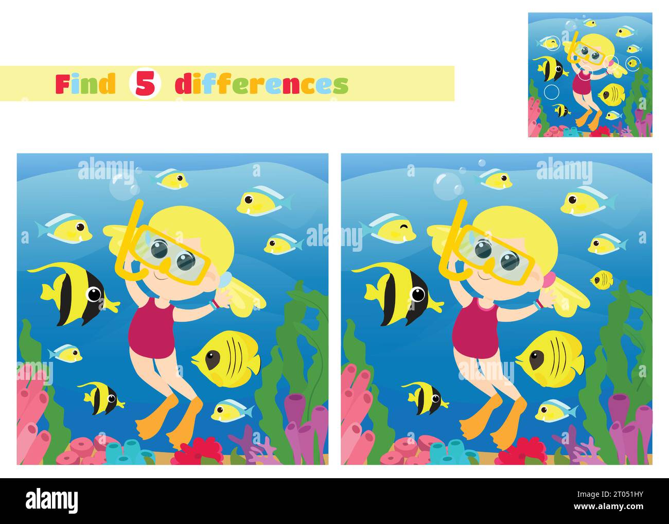 Finden Sie die Unterschiede. Mädchen aquadiver in der Unterwasserwelt in der Nähe von Korallen und Algen mit Fischen im Cartoon-Stil. Ein pädagogisches Spiel für Kinder. Stock Vektor