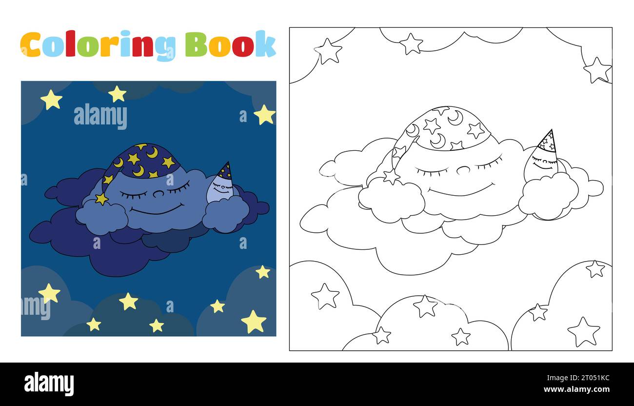 Malbuch für Kinder Süße Sturmwolke in einem Schlummertrunk mit einem Tropfen Regen schläft auf einer Wolke zwischen den Sternen und Wolken. Ausmalseiten. Stock Vektor