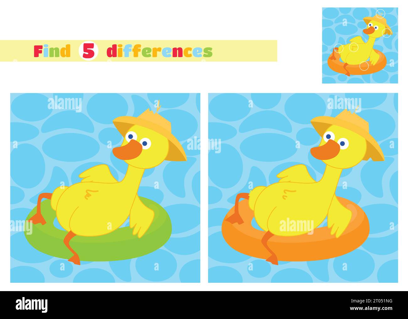 Finden Sie die Unterschiede. Eine Ente mit Hut schwimmt auf einem aufblasbaren Kreis im Cartoon-Stil auf dem Wasser. Ein pädagogisches Spiel für Kinder. Stock Vektor