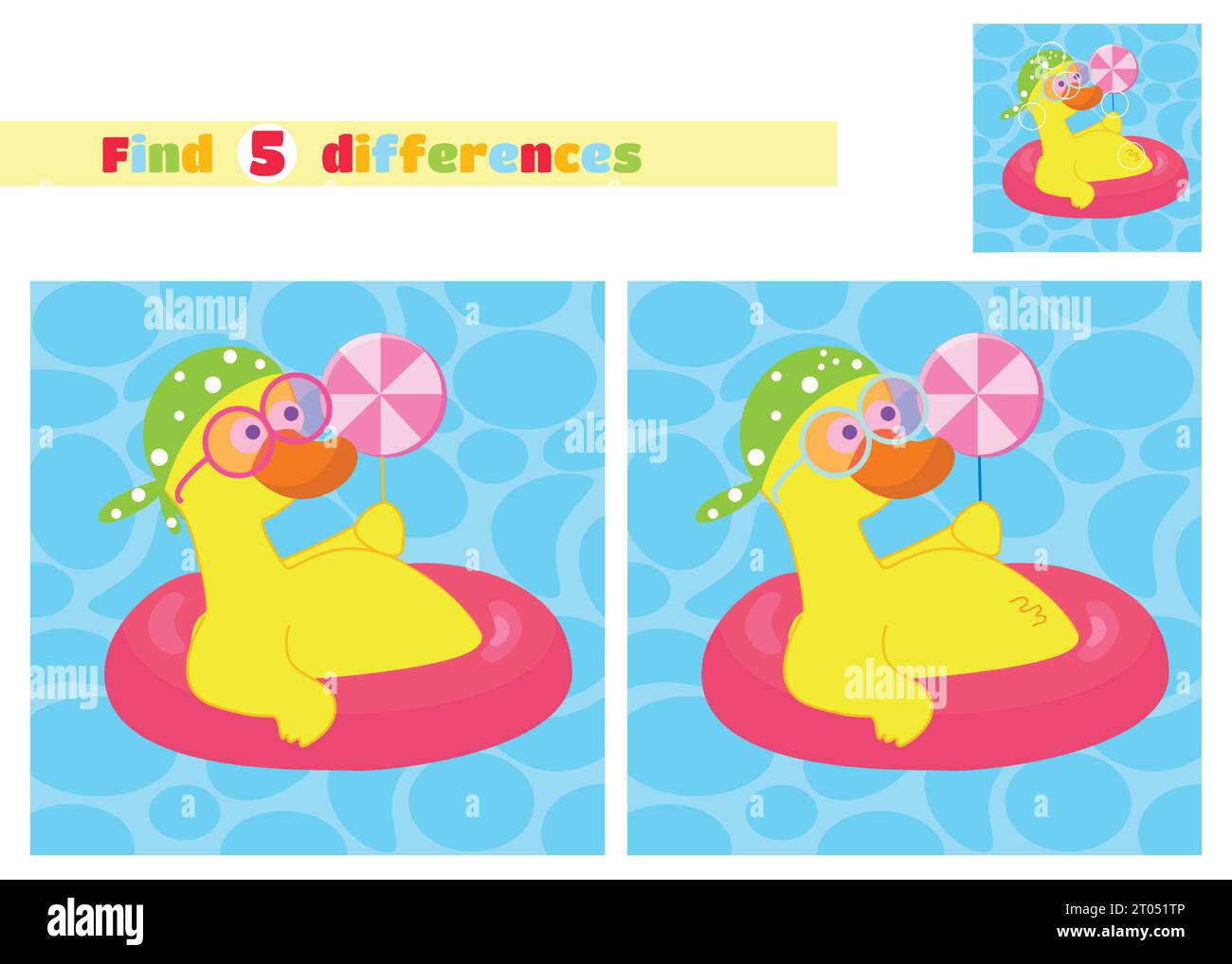 Finden Sie die Unterschiede. Eine Ente in einem Taschentuch und einer Brille schwimmt mit einem Lutscher auf einem aufblasbaren Kreis im Cartoon-Stil auf dem Wasser. Stock Vektor