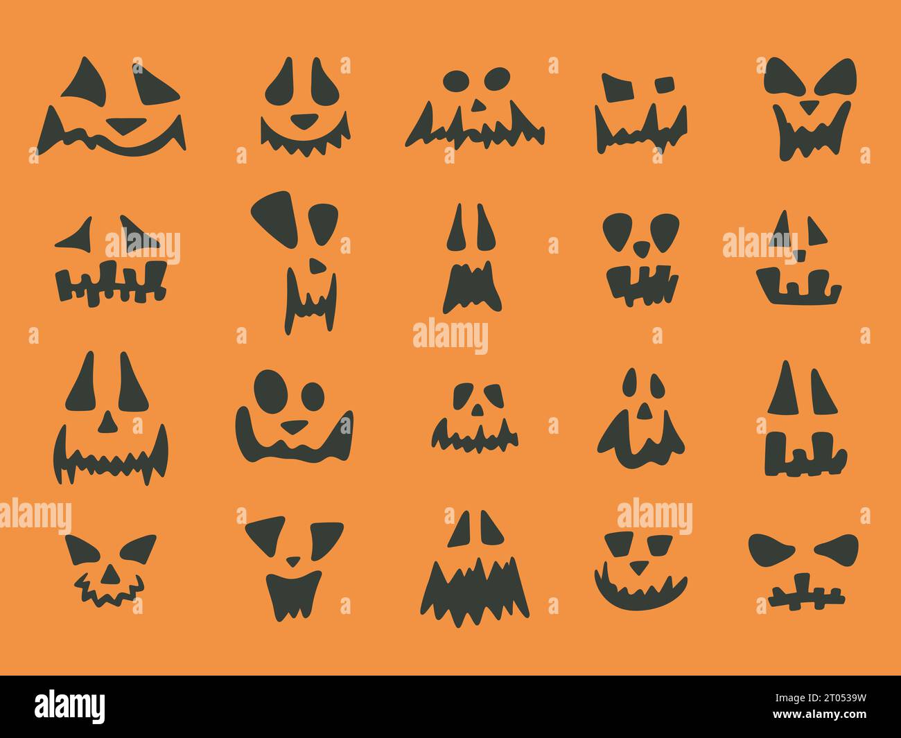 Halloween Kürbis Gesichtskollektion. Schwarz isolierte verschiedene Emotionen. Gruselige und lustige Halloween Kürbis oder Geistergesichter, Vektor-Illustration Stock Vektor
