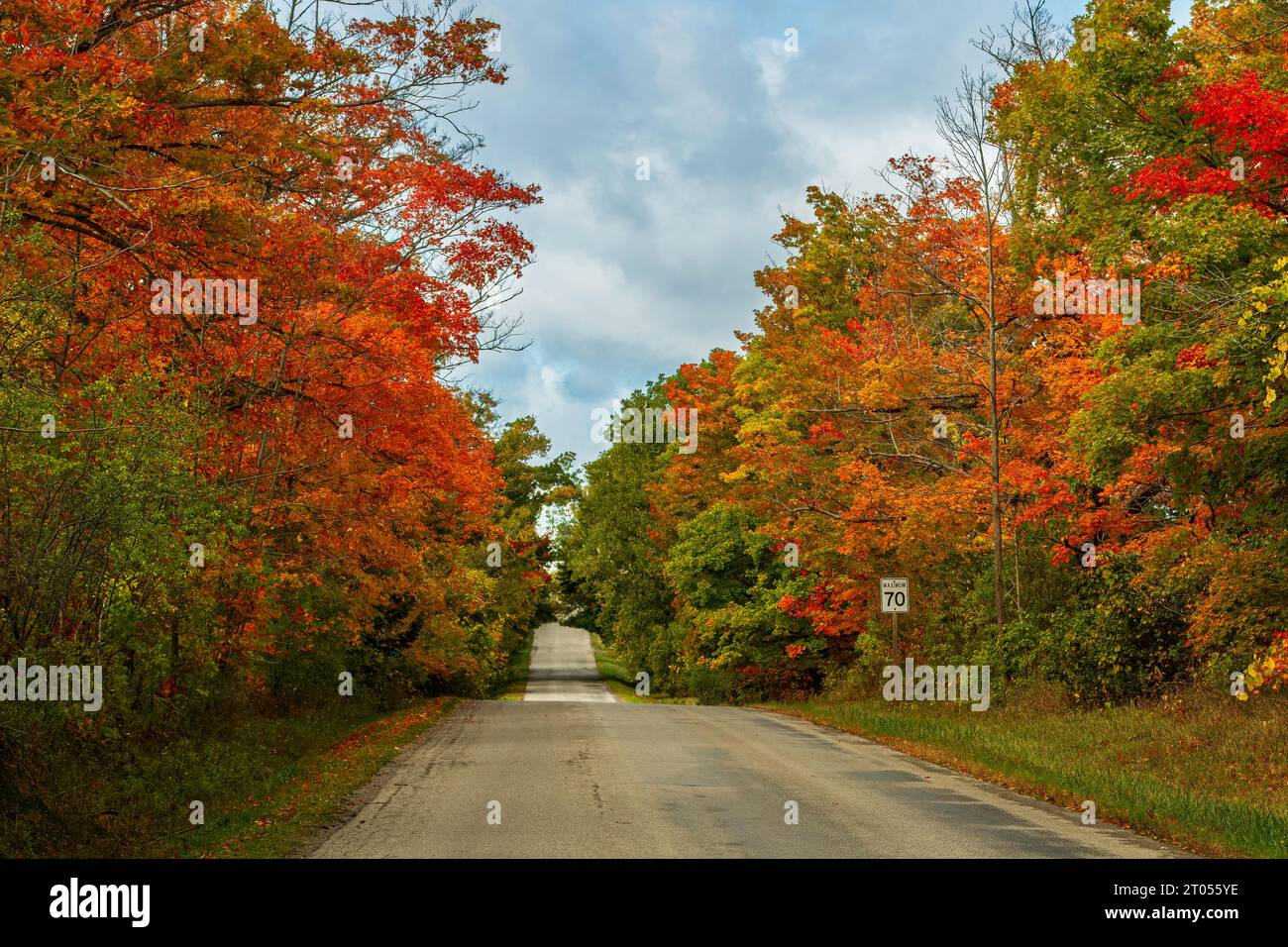 Gepflasterte Straße auf dem Land an einem wunderschönen Herbsttag. Buntes Herbstlaub im Wald. kanadischer Herbst. Ontario Stockfoto