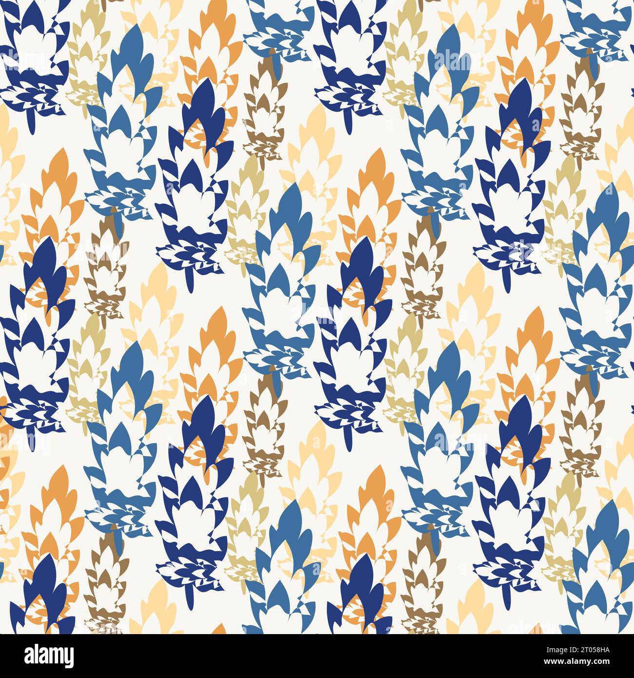 Mid-Century moderner Stil Blatt nahtlose Vektormuster Hintergrund. Hintergrund für strukturierte Blended Leaves. Diagonaler Streifeneffekt. Blau gelb weiß Stock Vektor