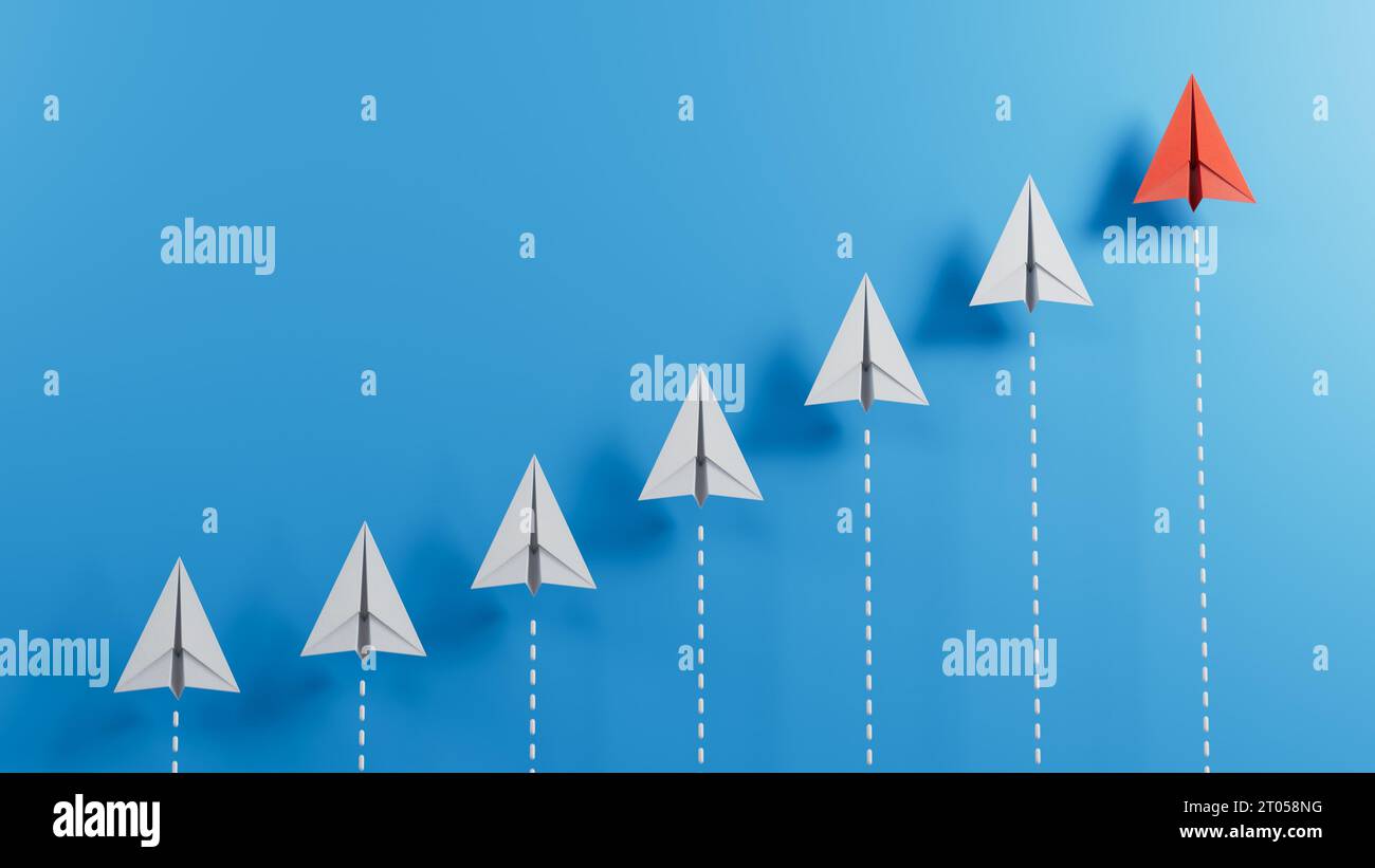 Leaderairplane-Konzept mit roter Papierebene, die zwischen weiß auf blauem Hintergrund mit Kopierraum führt.3D-Rendering auf blauem Hintergrund. Stockfoto