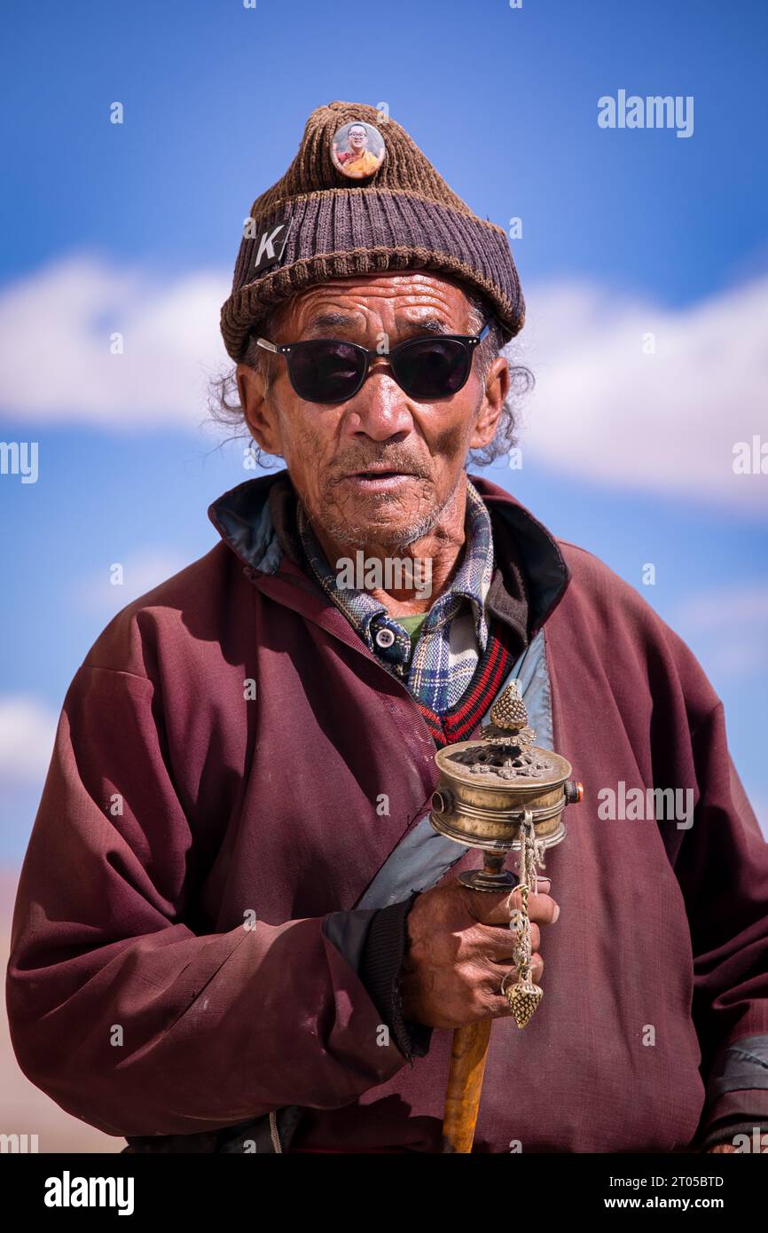 Porträt des älteren Mannes, Korzok, Ladakh, Indien Stockfoto
