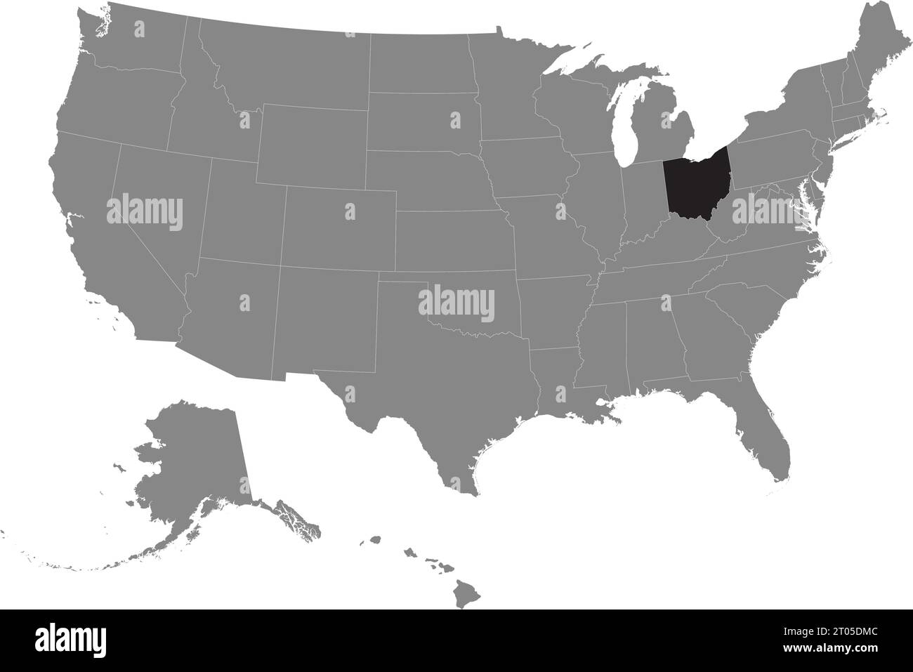 Schwarze CMYK-Bundeskarte von OHIO in detaillierter grauer, leerer politischer Karte der Vereinigten Staaten von Amerika auf transparentem Hintergrund Stock Vektor
