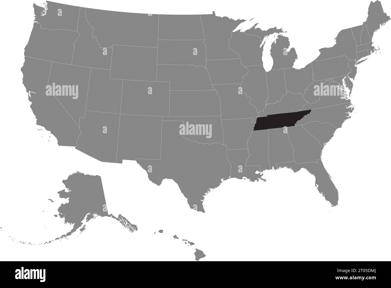 Schwarze CMYK-Bundeskarte von TENNESSEE in detaillierter grauer, leerer politischer Karte der Vereinigten Staaten von Amerika auf transparentem Hintergrund Stock Vektor