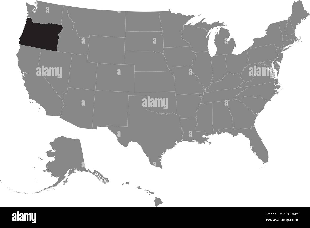Schwarze CMYK-Bundeskarte von OREGON in detaillierter grauer, leerer politischer Karte der Vereinigten Staaten von Amerika auf transparentem Hintergrund Stock Vektor