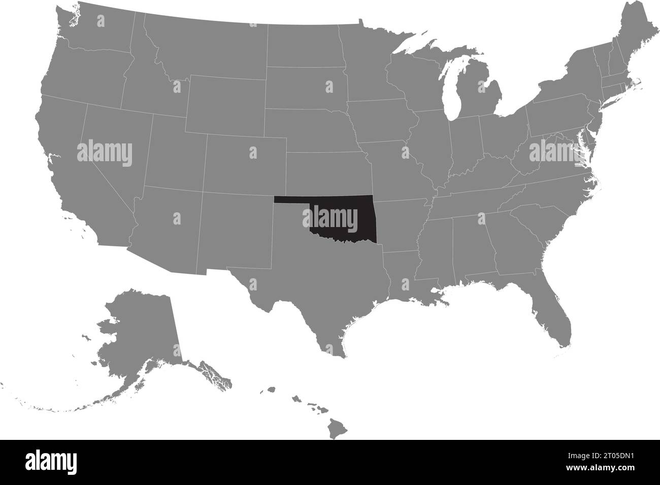 Schwarze CMYK-Bundeskarte von OKLAHOMA in detaillierter grauer, leerer politischer Karte der Vereinigten Staaten von Amerika auf transparentem Hintergrund Stock Vektor