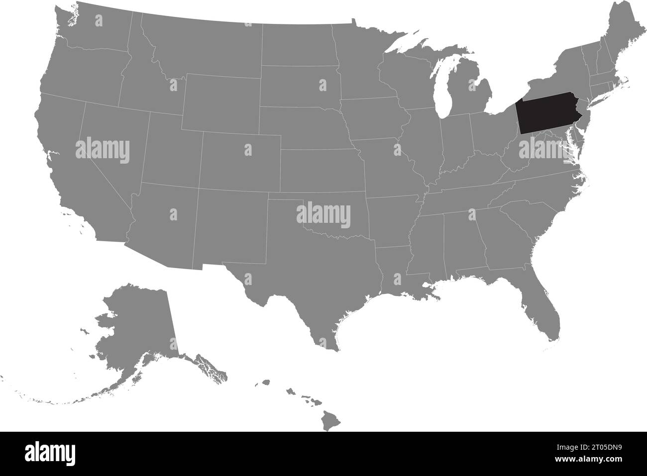 Schwarze CMYK-Bundeskarte von PENNSYLVANIA in detaillierter grauer, leerer politischer Karte der Vereinigten Staaten von Amerika auf transparentem Hintergrund Stock Vektor