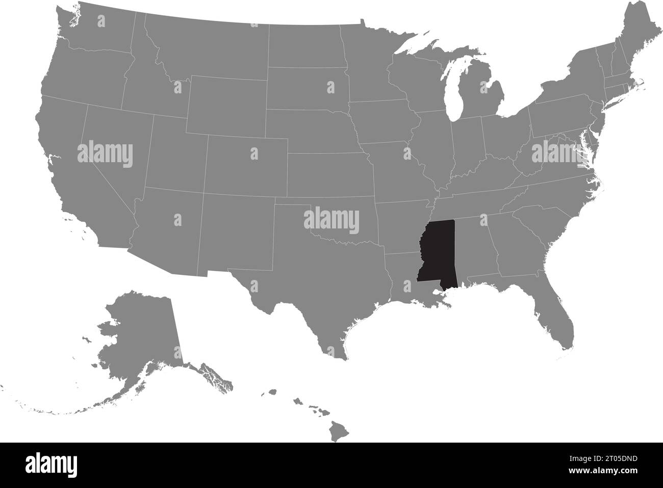 Schwarze CMYK-Bundeskarte von MISSISSIPPI in detaillierter grauer, leerer politischer Karte der Vereinigten Staaten von Amerika auf transparentem Hintergrund Stock Vektor