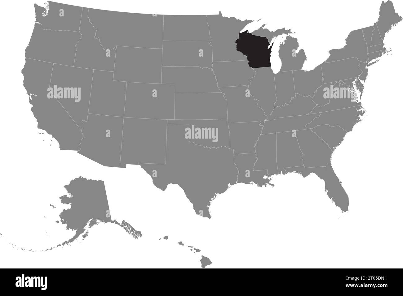 Schwarze CMYK-Bundeskarte von WISCONSIN in detaillierter grauer, leerer politischer Karte der Vereinigten Staaten von Amerika auf transparentem Hintergrund Stock Vektor