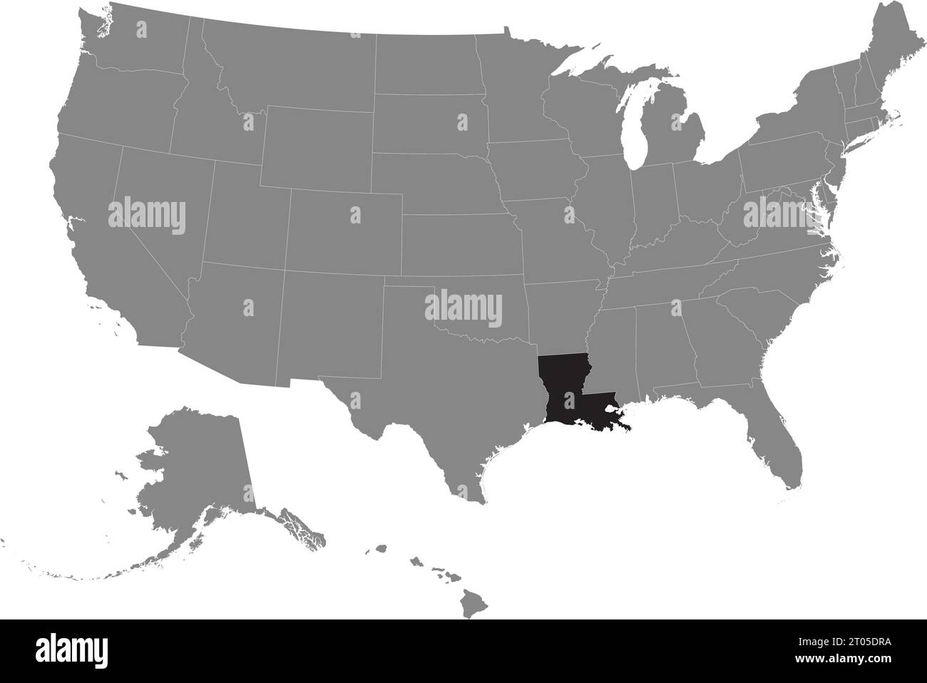 Schwarze CMYK-Bundeskarte von LOUISIANA in detaillierter grauer, leerer politischer Karte der Vereinigten Staaten von Amerika auf transparentem Hintergrund Stock Vektor