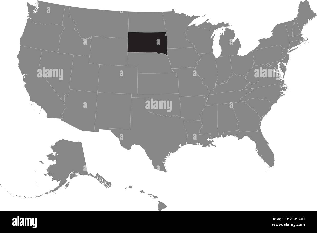 Schwarze CMYK-Bundeskarte von SOUTH DAKOTA in detaillierter grauer, leerer politischer Karte der Vereinigten Staaten von Amerika auf transparentem Hintergrund Stock Vektor