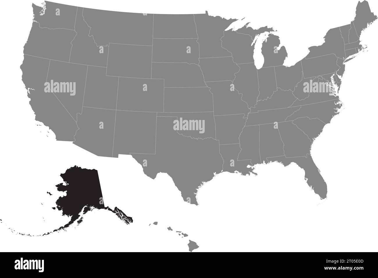 Schwarze CMYK-Bundeskarte von ALASKA in detaillierter grauer, leerer politischer Karte der Vereinigten Staaten von Amerika auf transparentem Hintergrund Stock Vektor