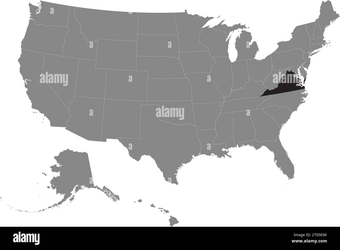 Schwarze CMYK-Bundeskarte von VIRGINIA in detaillierter grauer, leerer politischer Karte der Vereinigten Staaten von Amerika auf transparentem Hintergrund Stock Vektor
