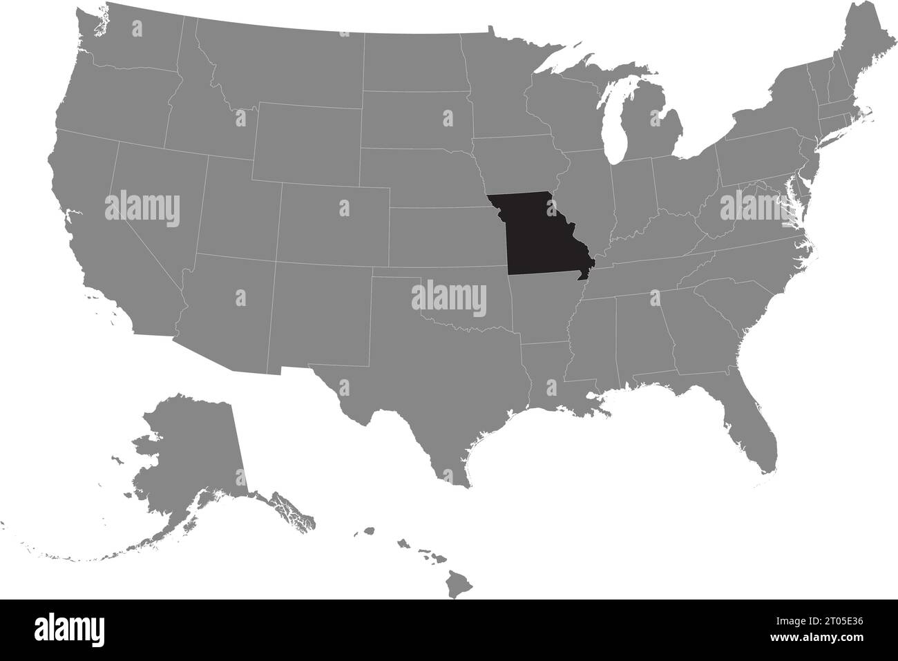 Schwarze CMYK-Bundeskarte von MISSOURI in detaillierter grauer, leerer politischer Karte der Vereinigten Staaten von Amerika auf transparentem Hintergrund Stock Vektor